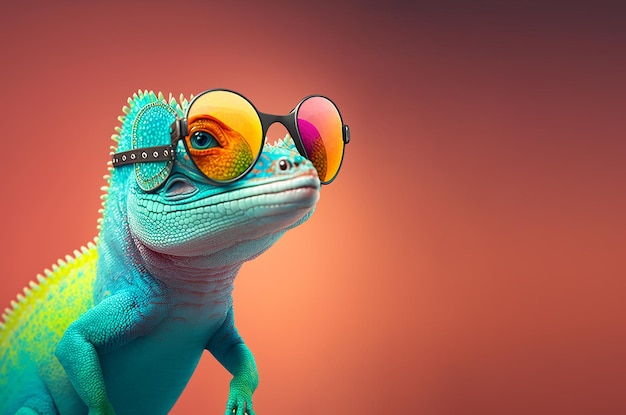 A chameleon wearing sunglasses and a rainbow colored sunglasses.