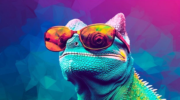 chameleon wearing sunglasses on a solid color background Generative AI illustration