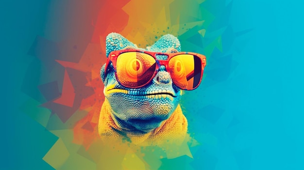 хамелеон в солнцезащитных очках на сплошном цветном фоне Генеративная иллюстрация AI