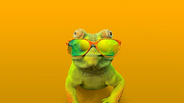 Photo chameleon wearing sunglasses on a solid color background generative ai