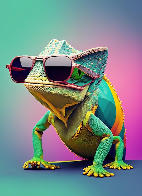 chameleon wearing sunglasses on a solid color background vector art faceted_ai_generated