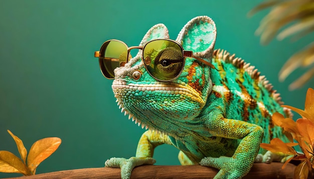 Chameleon wearing sunglasses on a solid green color background