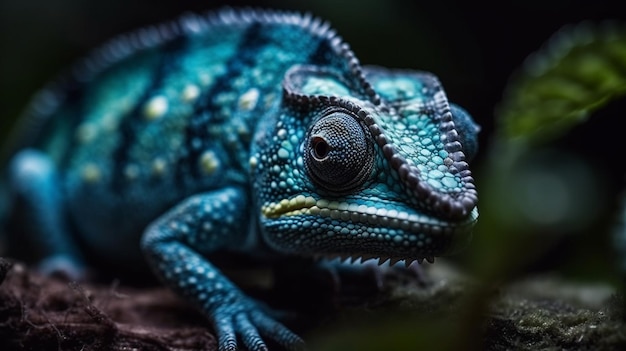 A chameleon with a blue head and green eyes sits on a rock.