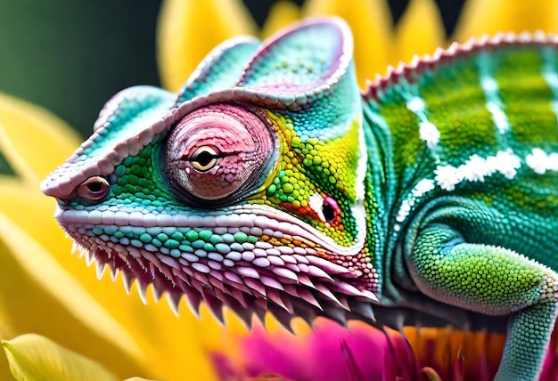 Photo a chameleon with a colorful head and a green head