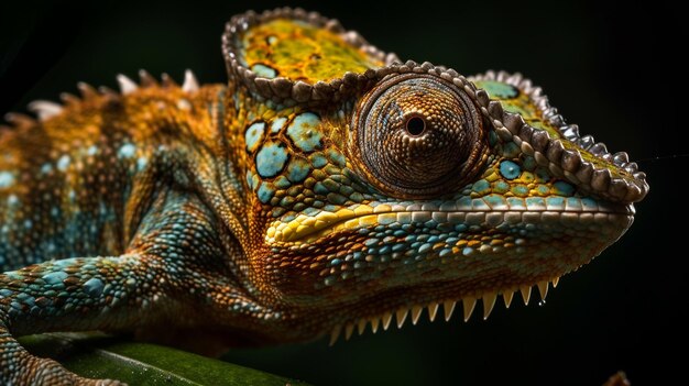 A chameleon with a green and blue pattern.