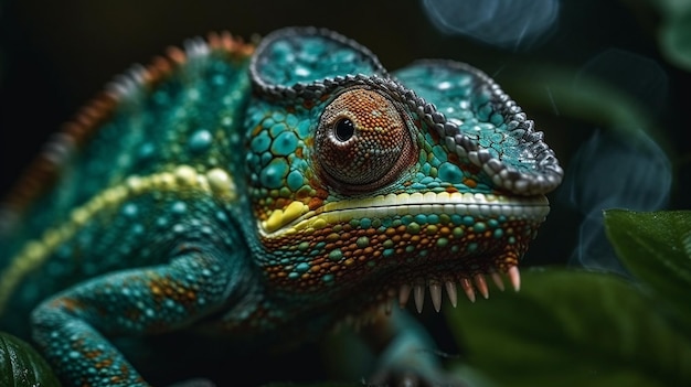 A chameleon with a green head and blue eyes