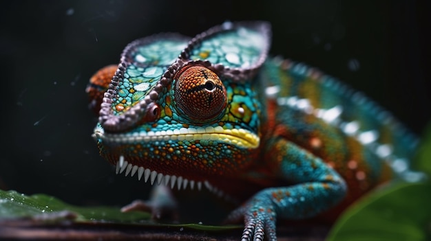 A chameleon with a green head and a red eye sits on a leaf.