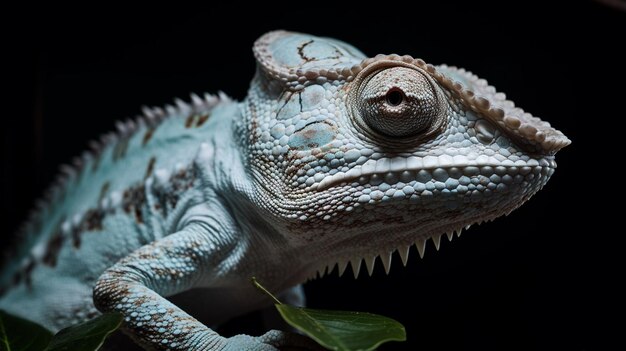 A chameleon with a green leaf on its head