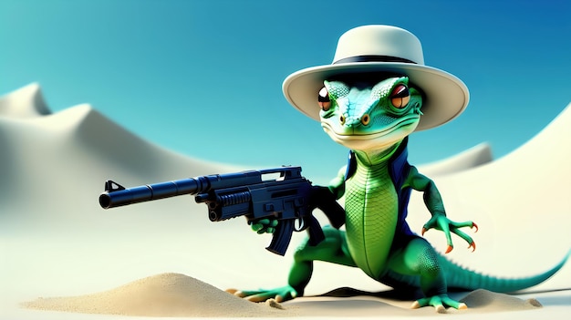 Chameleon with a gun in desert