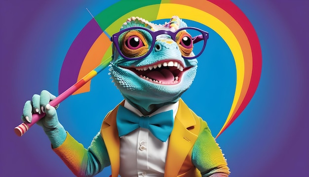 the Chameleon with oversized glasses and a bowtie