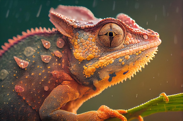 A chameleon with a rain drop on its head