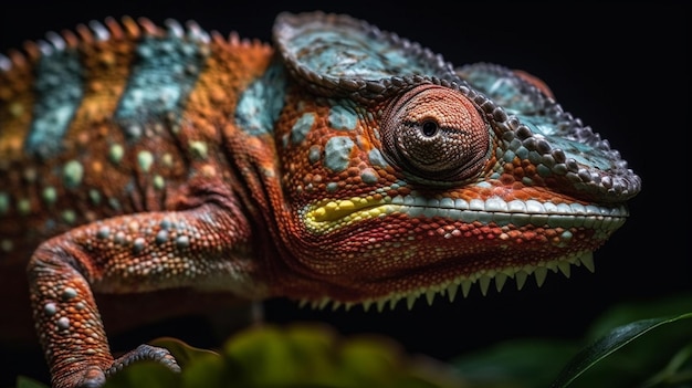 A chameleon with a red and blue head