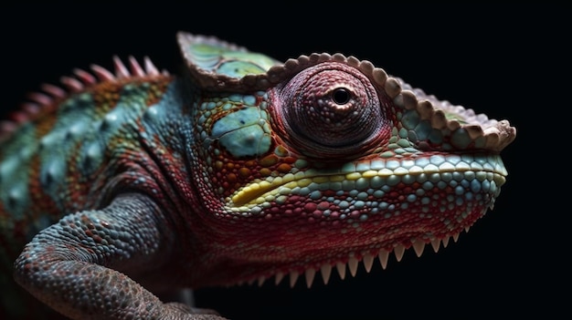 A chameleon with a red and green head