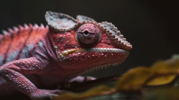 A chameleon with a red head and red eyes sits on a branch.