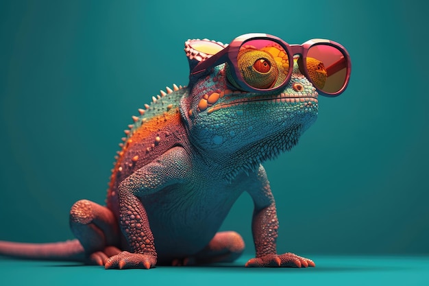 хамелеон в темных очках на сплошном цветном фоне векторного искусства