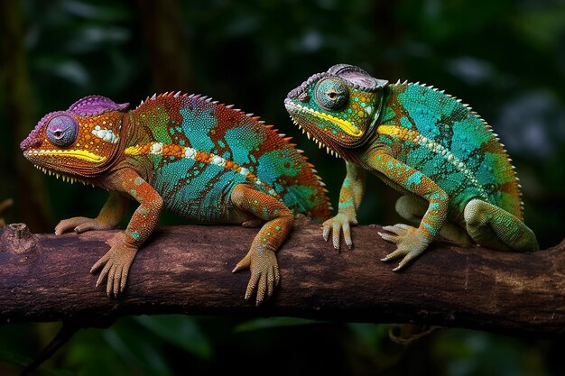 Chameleons on a Branch Displaying Camouflage