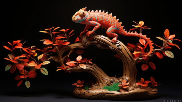 chameleons with glowing haida tattoos red oak bonsai professional photography Generative Ai
