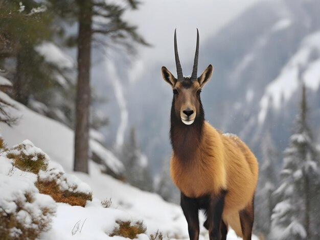 Foto camosci nel mezzo del paesaggio innevato