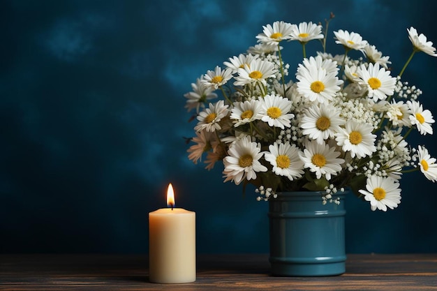 Chamomile bouquet on a blue background copy space