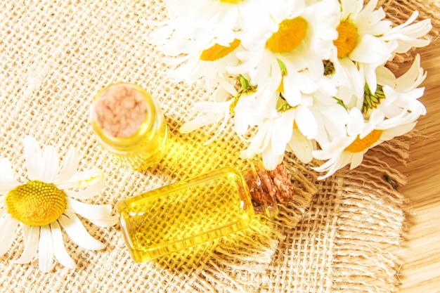 Chamomile essential oil in a small bottle Selective focus