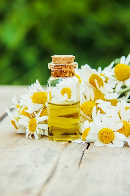 Chamomile extract in a small bottle. Selective focus.