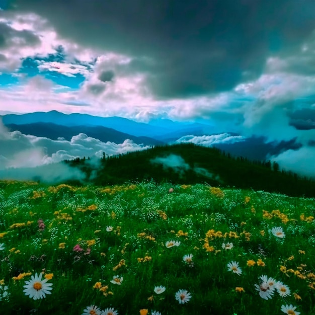 Chamomile field in the mountains