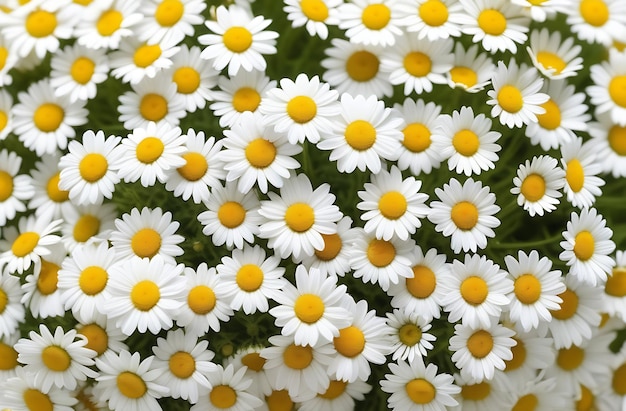 Chamomile field top view Many camomiles background