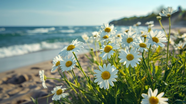 Цветы ромашки цветут на солнечном пляже с мягкими волнами на заднем плане. Солнечный свет создает яркое теплое свечение на лепестках и море.