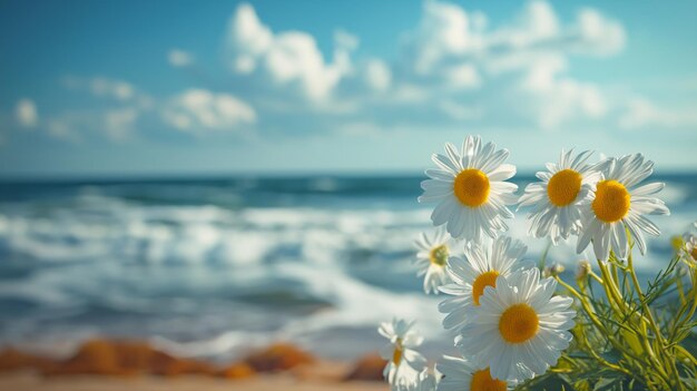 カモミルの花が晴れたビーチでいています 背景は柔らかい波です 太陽の光は花びらと海に活気のある温かい光を放っています