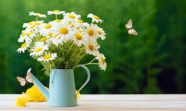 水まき缶に入ったカモミールの花の花束と庭のテーブルの上の蝶 生成 AI