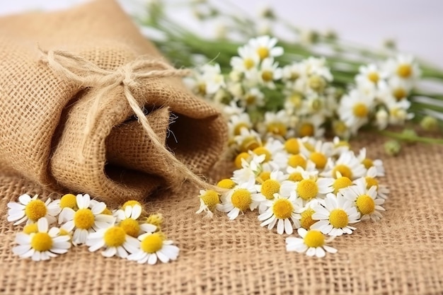 Chamomile flowers on burlap fabric