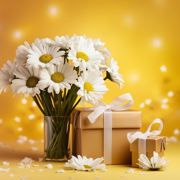 Chamomile flowers and gift or present box on yellow background