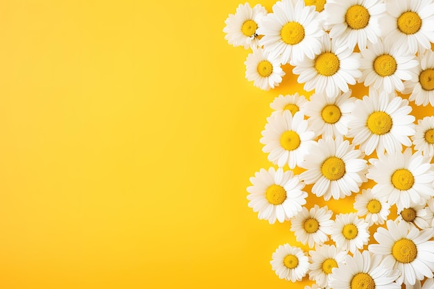 Chamomile flowers on yellow representing spring and summer flat lay with copy space