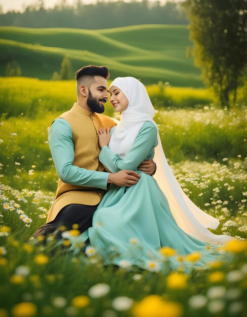 Photo chamomile love muslim couples tender hug