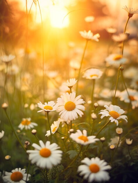 Photo chamomile meadow blooming under the setting sun