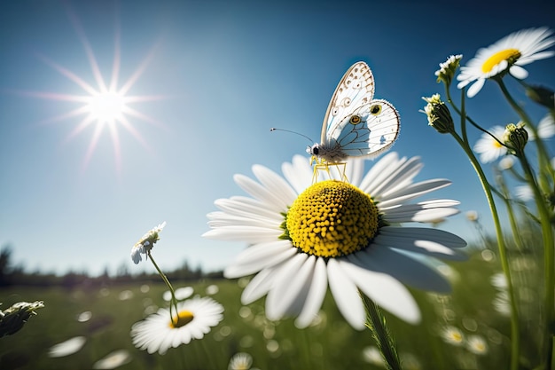 Camomilla in un campo primaverile estivo contro un blu