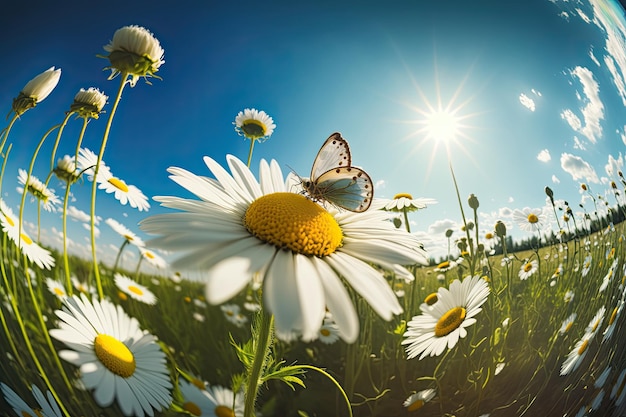 Chamomile in a summer spring field against a blue