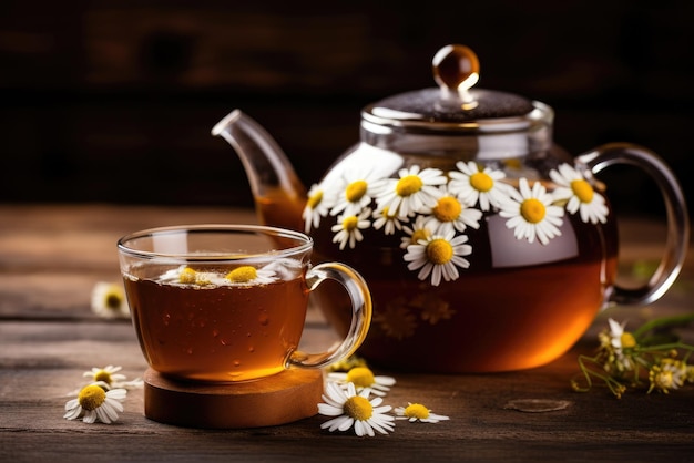 Chamomile tea in a teapot on a wooden background Generative AI