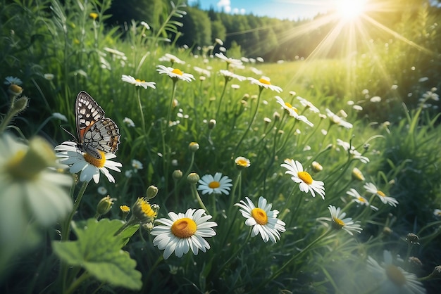 Chamomiles daisies macro in summer spring field on background blue sky with sunshine and a flying butterfly nature panoramic view Summer natural landscape with copy space