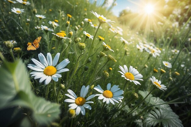 Chamomiles daisies macro in summer spring field on background blue sky with sunshine and a flying butterfly nature panoramic view Summer natural landscape with copy space