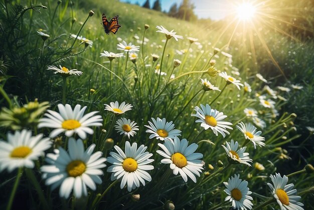 Chamomiles daisies macro in summer spring field on background blue sky with sunshine and a flying butterfly nature panoramic view Summer natural landscape with copy space