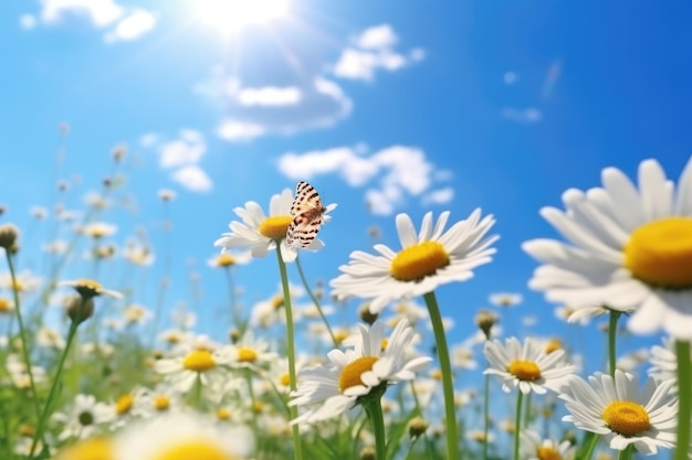 Chamomiles and daisies in summer field with butterfly