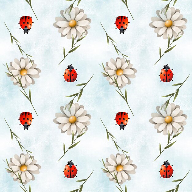 Photo chamomiles and ladybird seamless pattern summer blossom wallpaper