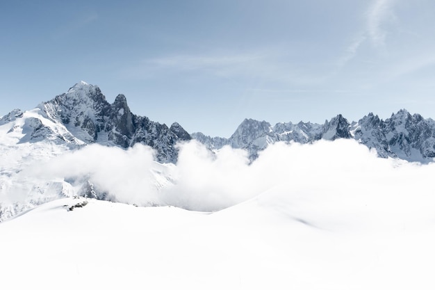 Chamonix winter mountain peaks from the ski slopes