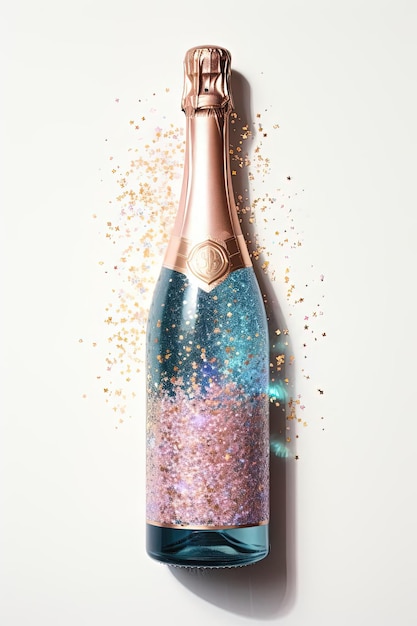 champagne bottle in blue gold and glittering on a white background