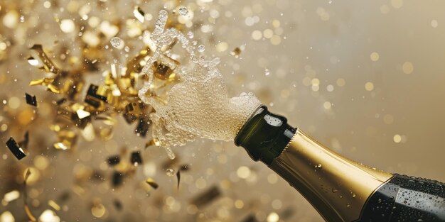 champagne bottle bursting with golden confetti on a beige background