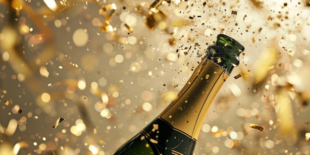 champagne bottle bursting with golden confetti on a beige background