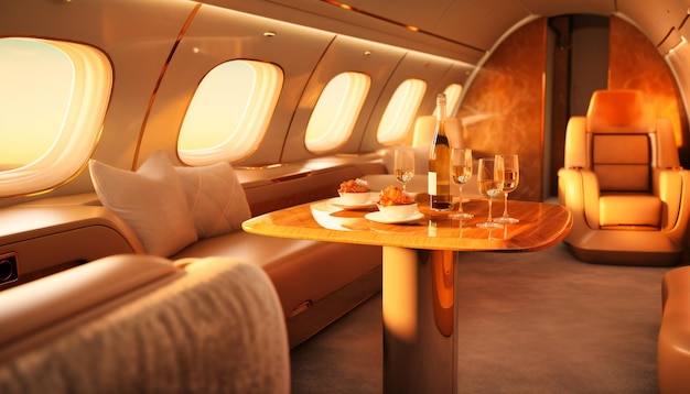 A champagne bottle and champagne glasses sit on a private jet