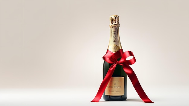 Бутылка шампанского на чистом фоне, украшенная красной лентой и звездами Генеративный искусственный интеллект