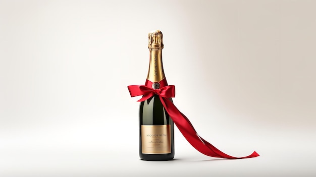 Champagne bottle in clean backdrop bind with red ribbon poppers and stars Generative AI